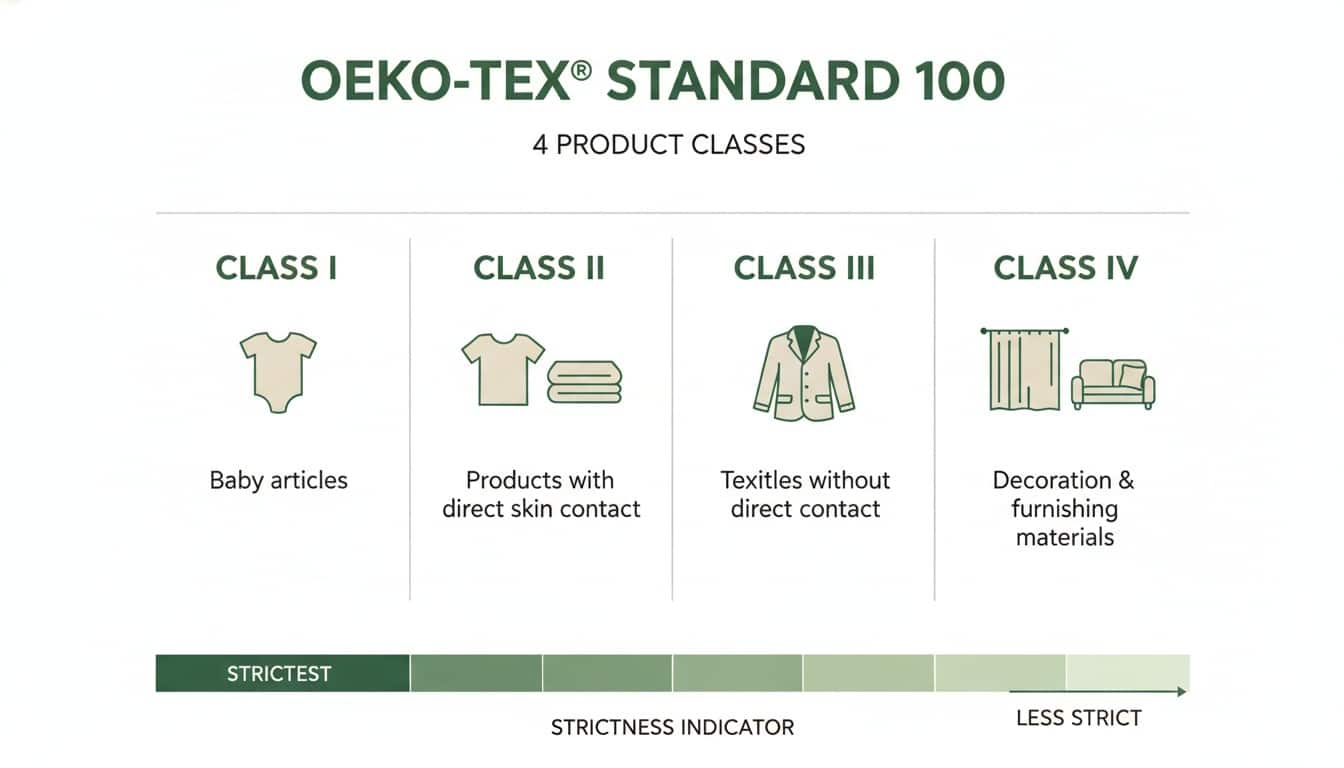 Infographic diagram showing OEKO-TEX Standard 100 four product classes with icons for baby, skin contact, outerwear and home textiles