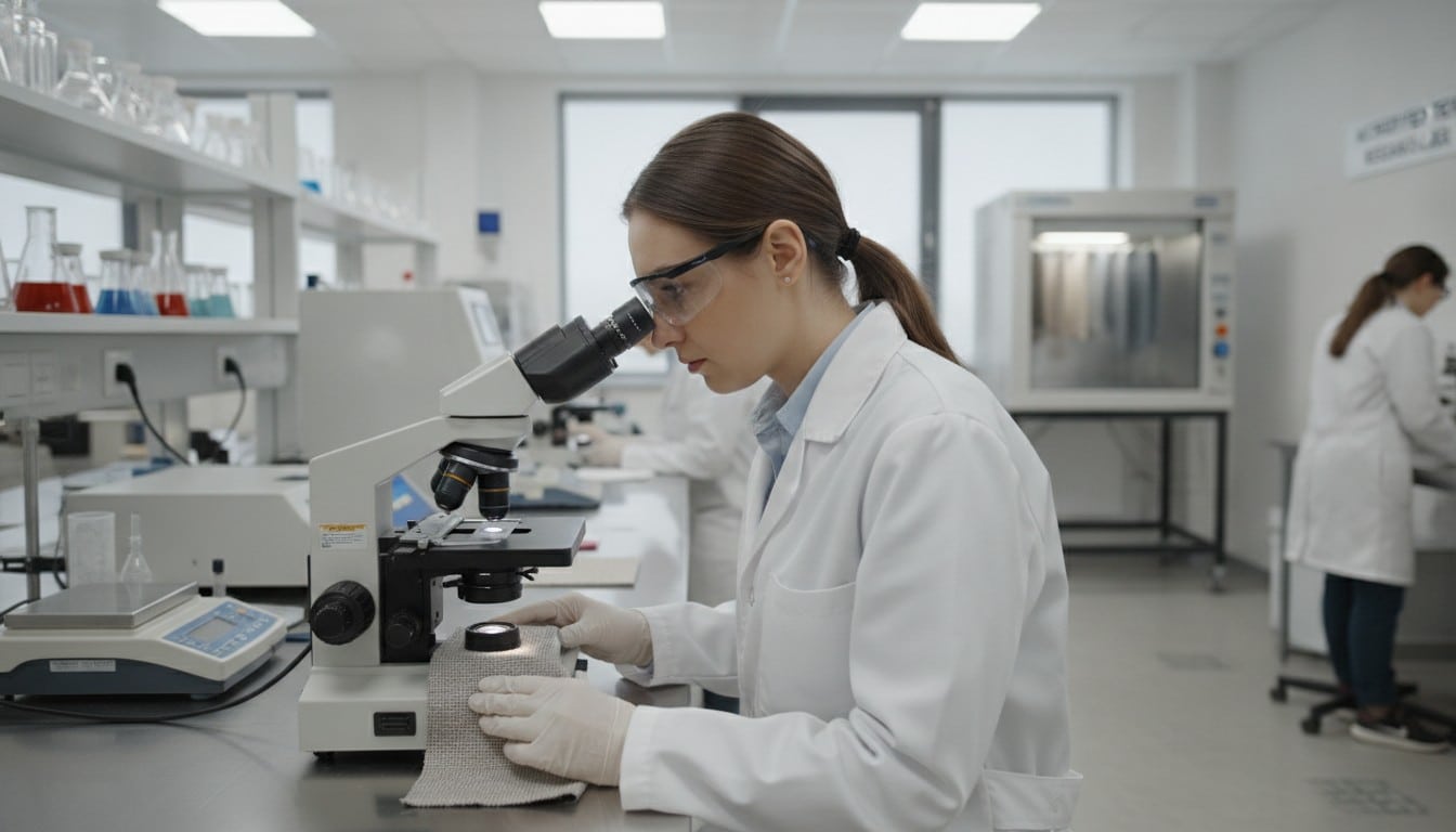 Laboratory technician testing textile fabric sample for harmful substances in accredited lab