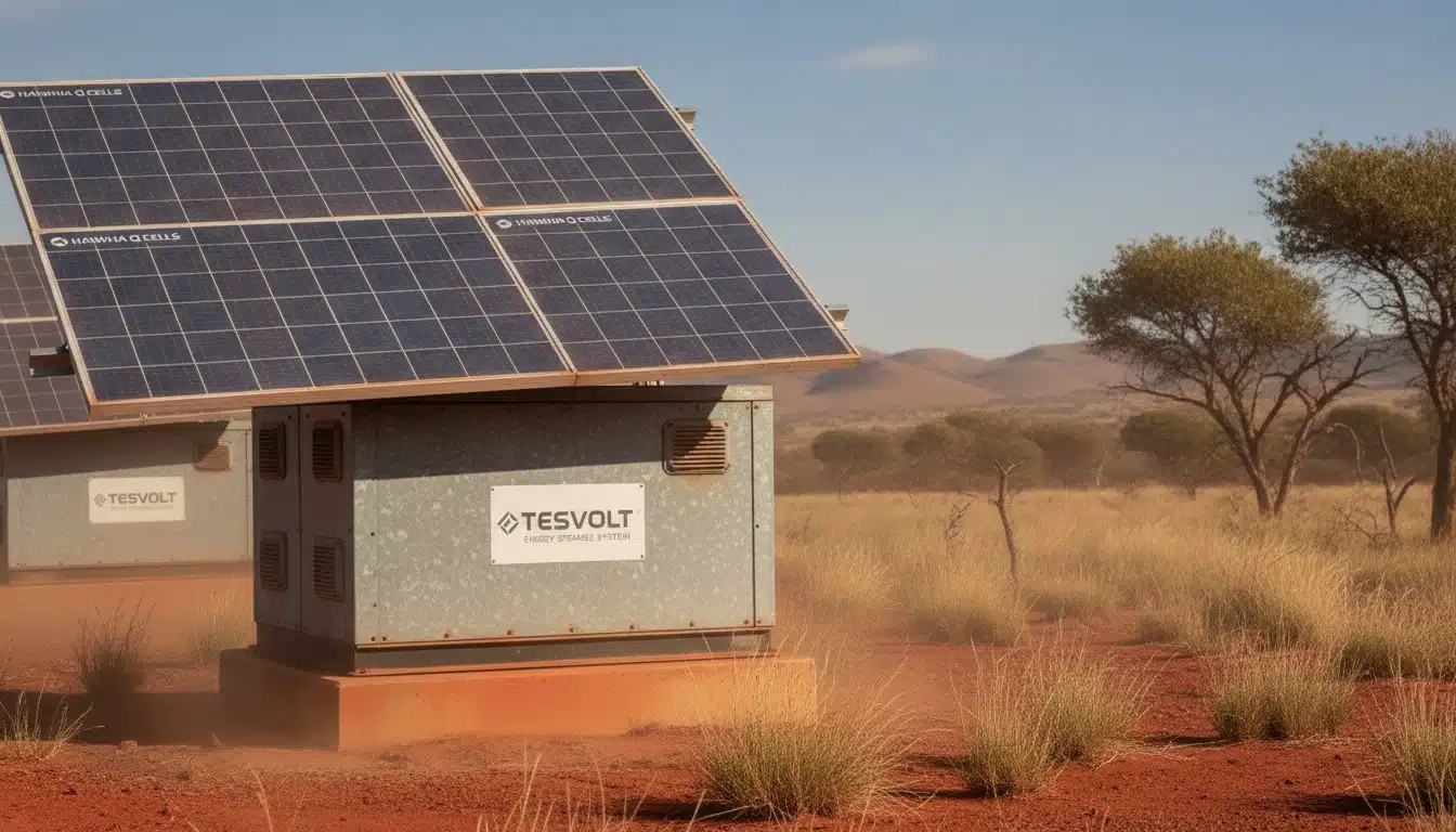 Solar panels and battery storage at remote off-grid installation in outback Australia