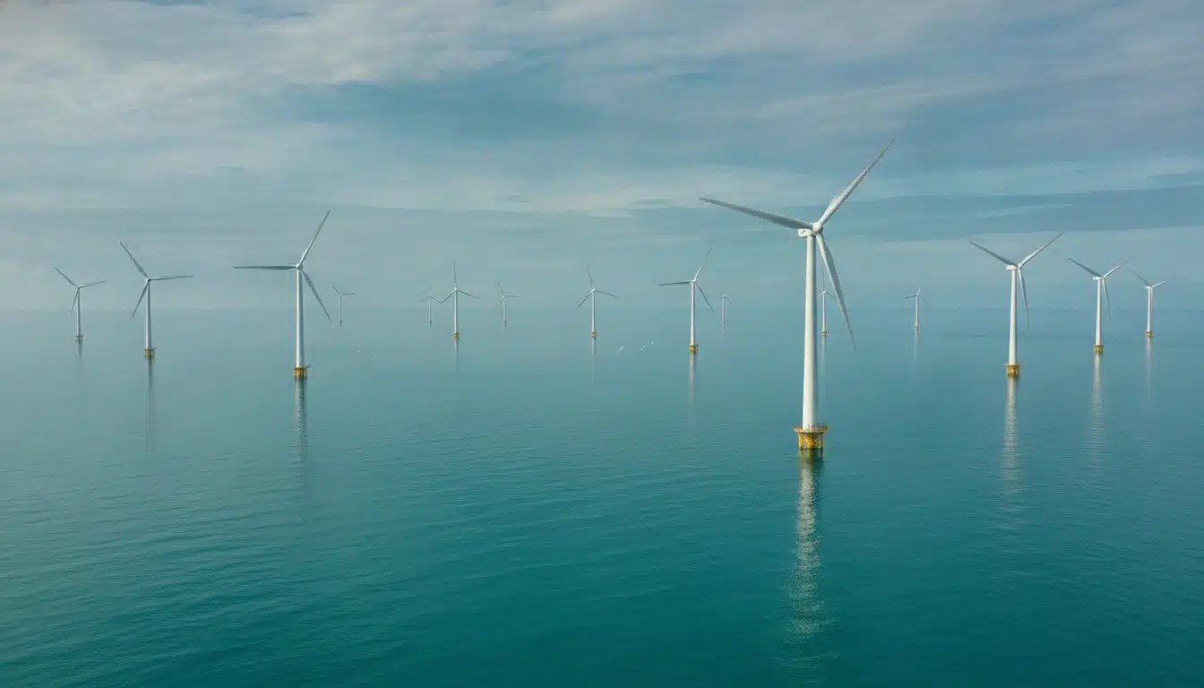 Offshore wind turbines standing in ocean water with seabirds flying nearby