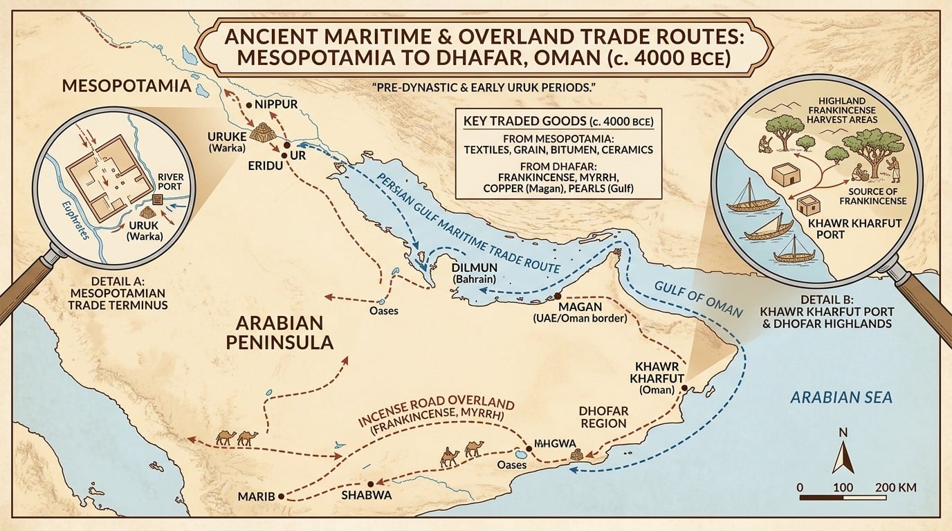 Map showing ancient trade routes between Khawr Kharfut in Oman and Mesopotamian cities like Uruk and Ur