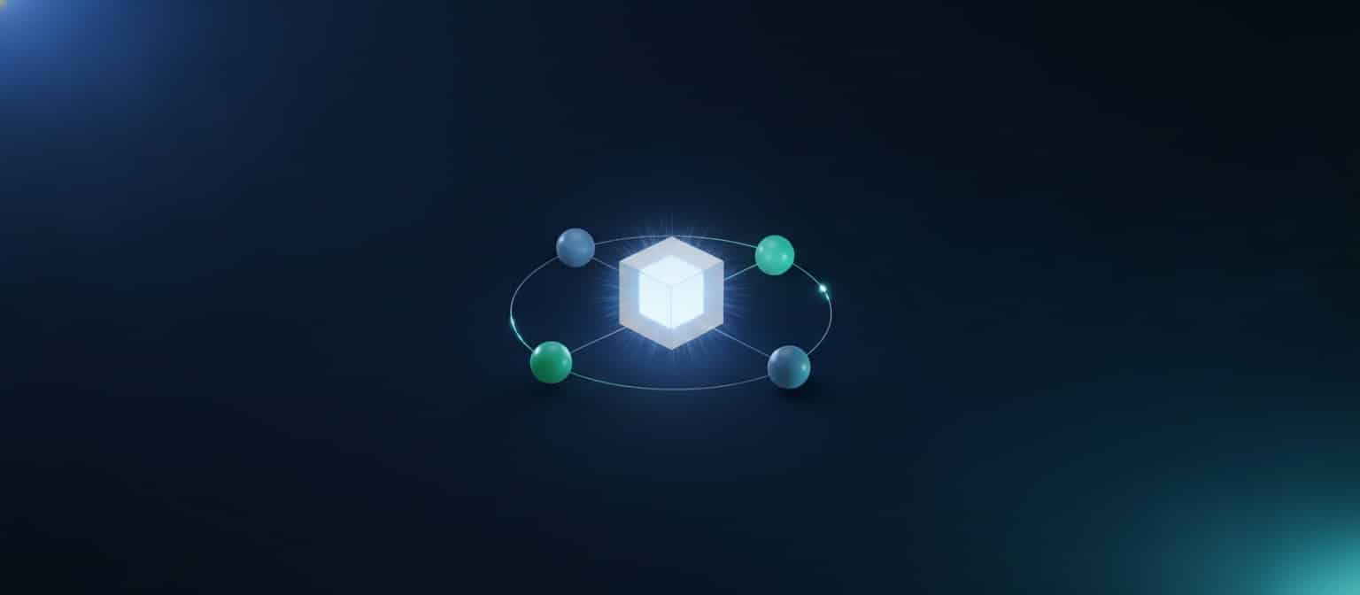 A small glowing cube representing a compact AI model with neural network nodes and connections
