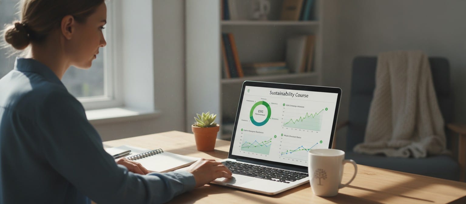 Professional taking an online sustainability course on a laptop