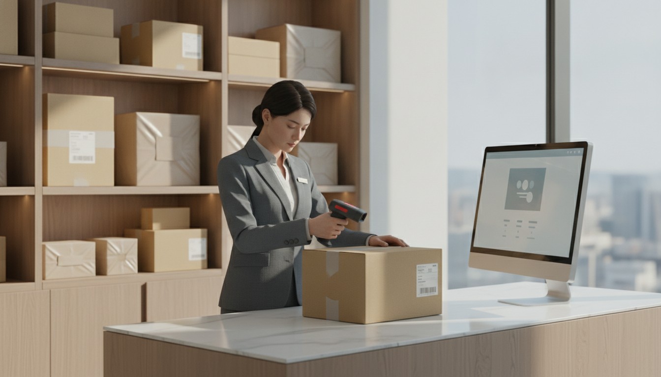 Building concierge scanning and registering a delivered package at a smart reception desk