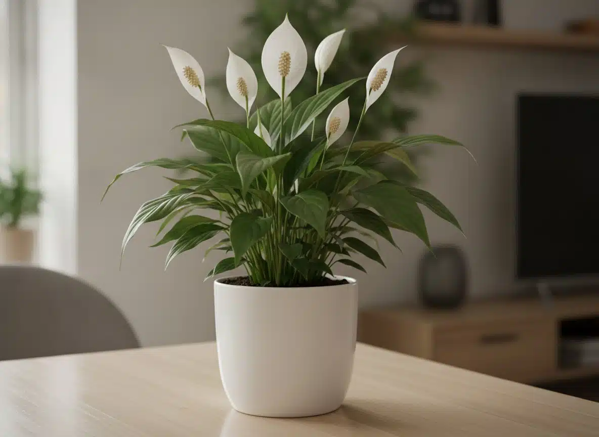 A peace lily with glossy green leaves and white flowers in a white pot