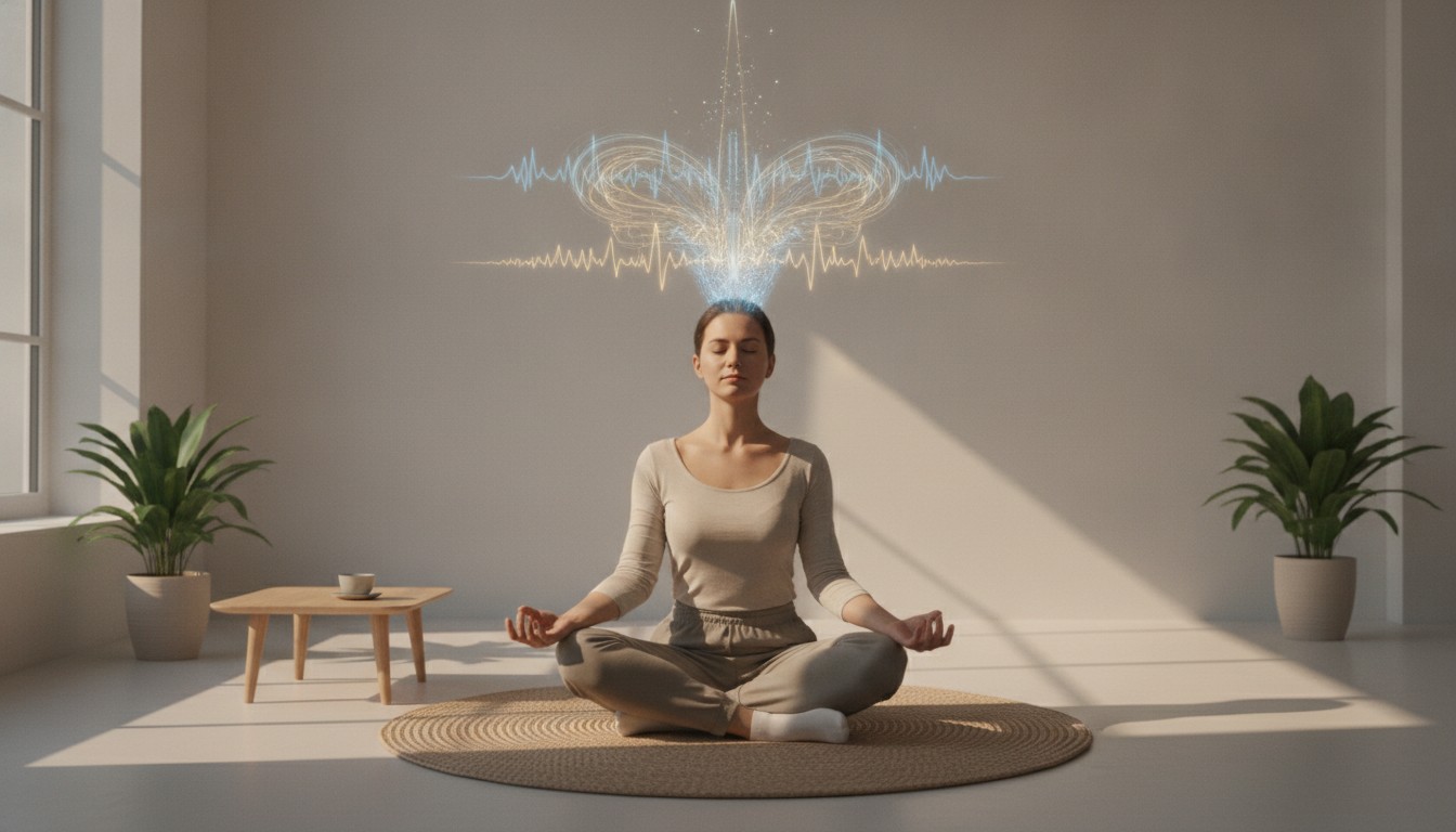 Just 7 Days of Meditation Can Rewire Your Brain, Scientists Find Close-up of person meditating in lotus position with brain wave visualization overlay