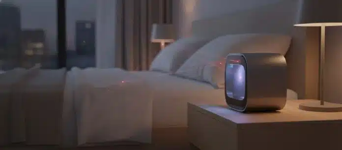 Photon Matrix laser mosquito killer device on a bedroom nightstand projecting LiDAR scan zone