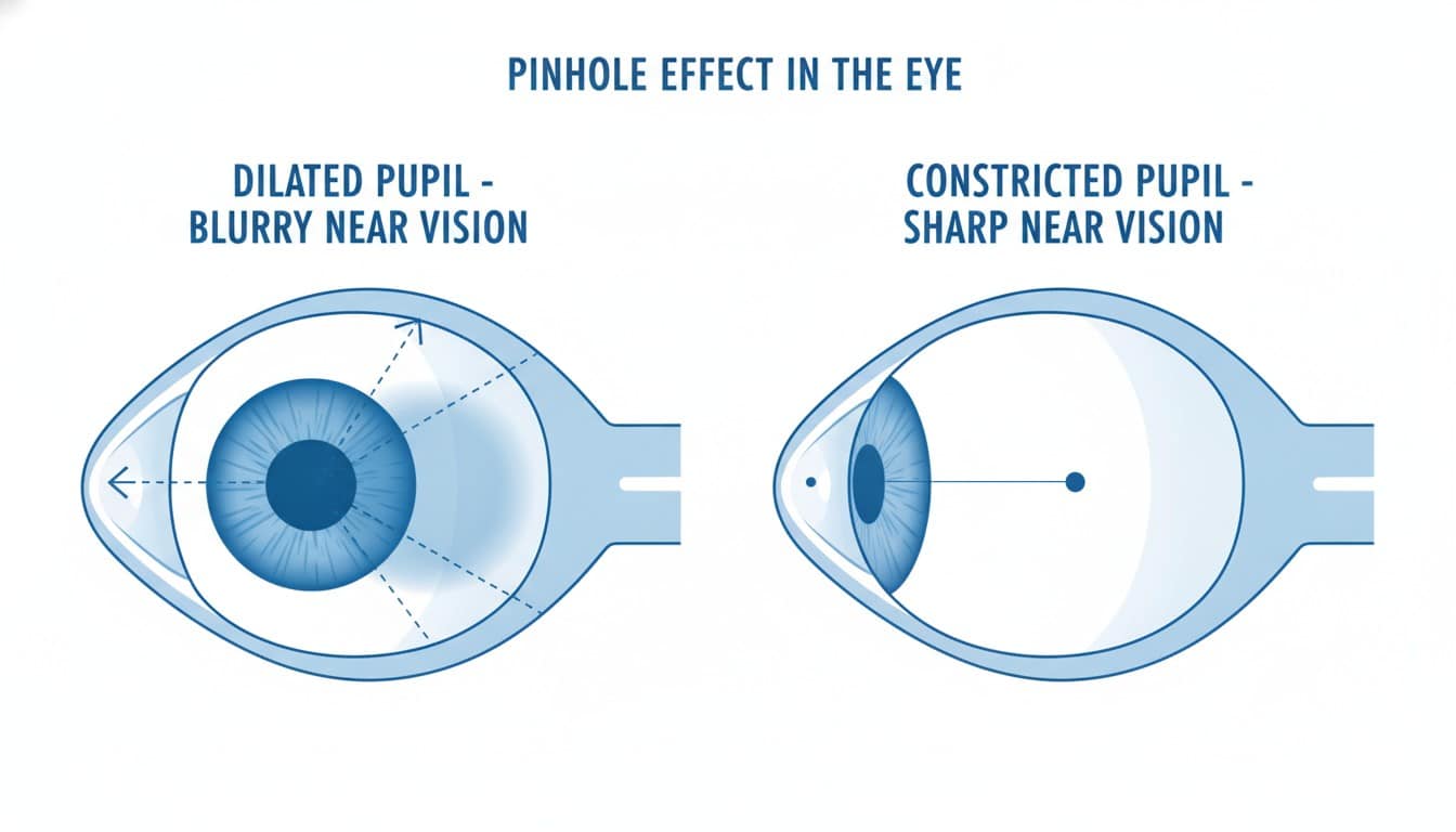 Diagram comparing dilated vs constricted pupil effect on near vision clarity