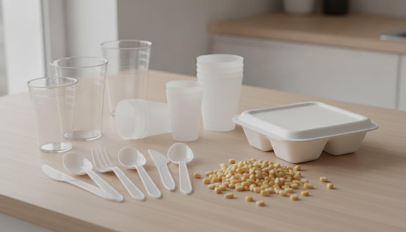Compostable PLA bioplastic cups, cutlery, and food containers made from corn starch