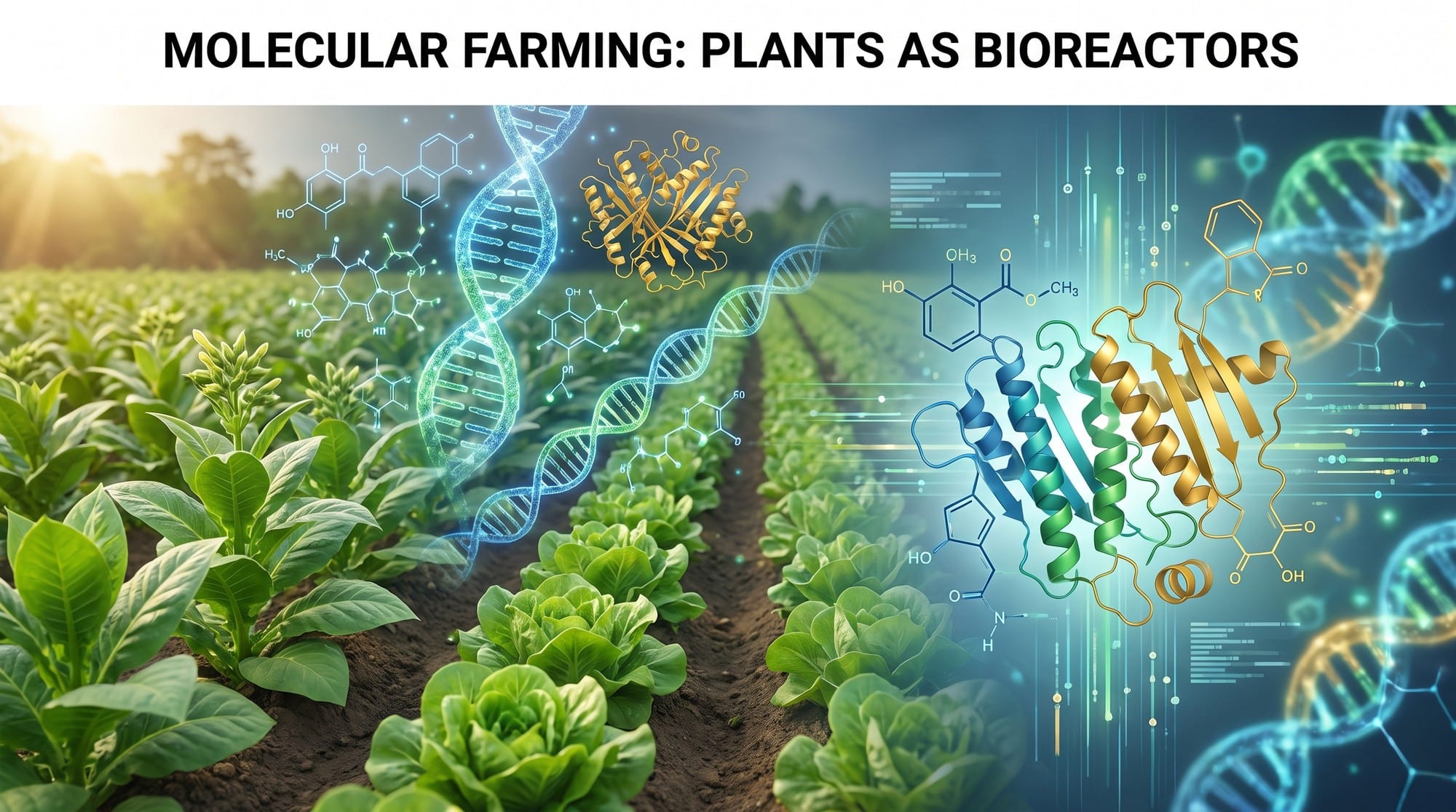 Conceptual illustration of plant molecular farming showing crops as living bioreactors producing animal proteins