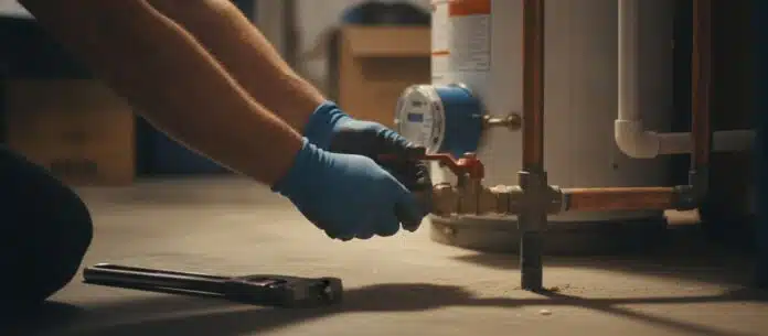 Plumber turning off a main water shutoff valve during a plumbing emergency