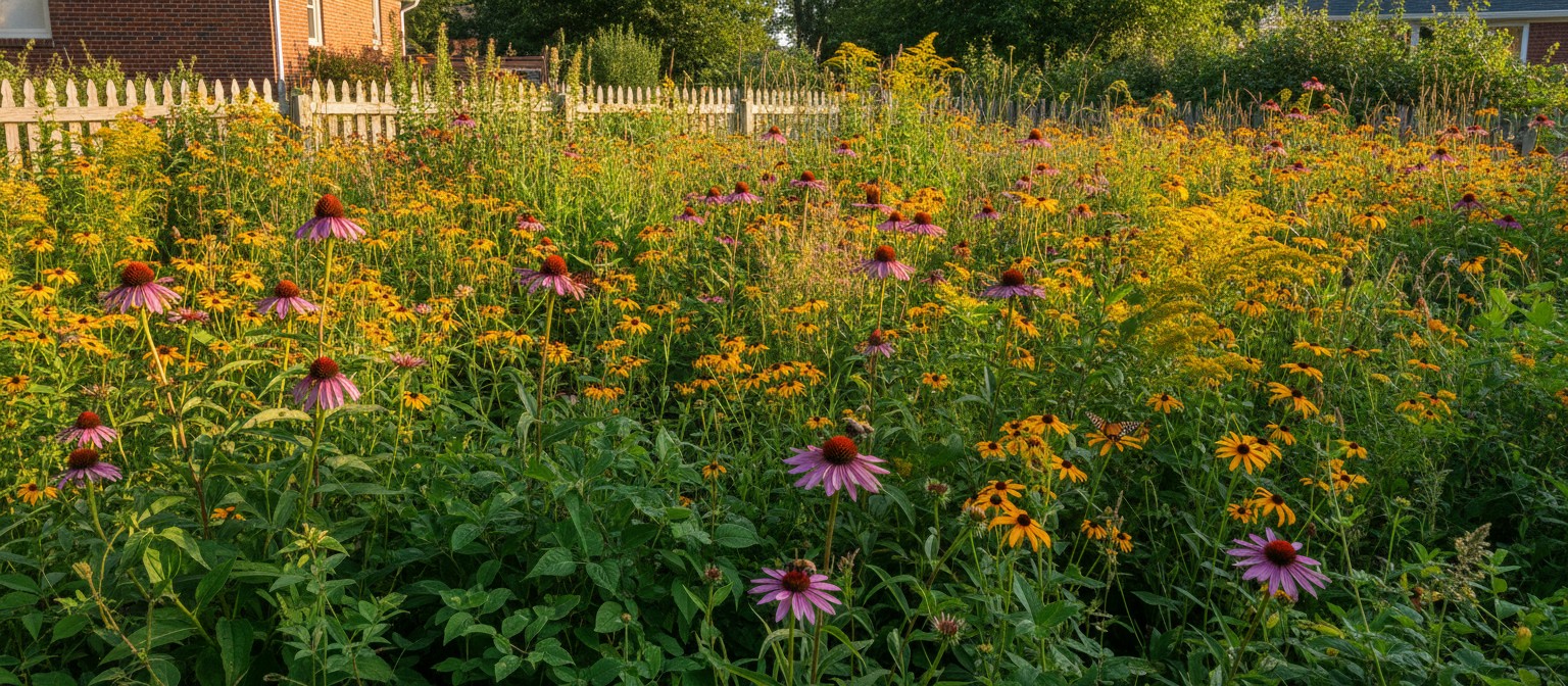 Pollinator Habitat Is Disappearing Faster Than It’s Being Replaced. The Bottleneck Is the Plants Themselves A native wildflower meadow garden in full bloom with bees and butterflies pollinating coneflowers and black-eyed Susans