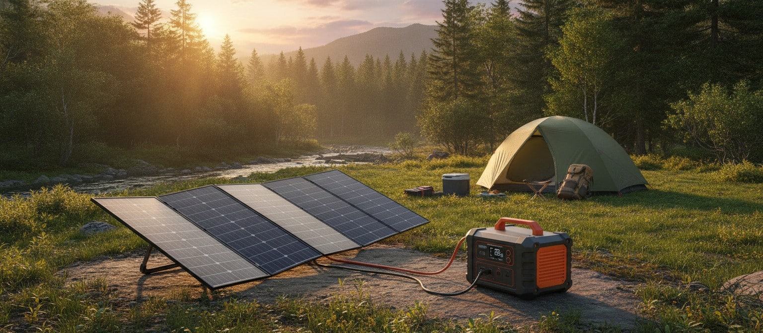 A portable solar generator with foldable solar panels set up at a campsite during golden hour