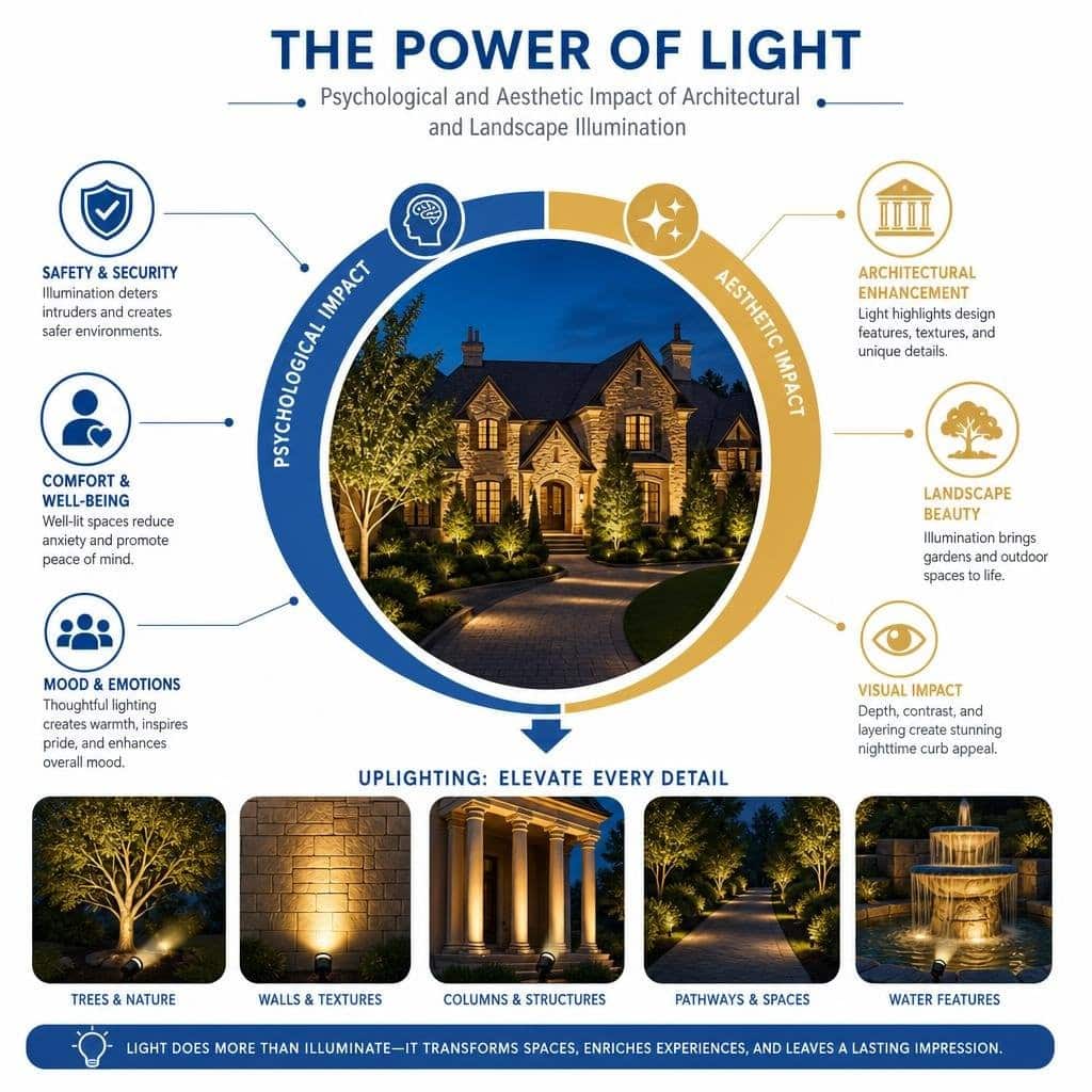 An infographic illustrating the psychological and aesthetic impacts of architectural and landscape illumination. The central image shows a well-lit house at night. The infographic is divided into 'Psychological Impact' (Safety & Security, Comfort & Well-being, Mood & Emotions) and 'Aesthetic Impact' (Architectural Enhancement, Landscape Beauty, Visual Impact). Below, examples of uplighting are shown for trees, walls, columns, pathways, and water features, with the tagline 'Light does more than illuminate—it transforms spaces, enriches experiences, and leaves a lasting impression.'