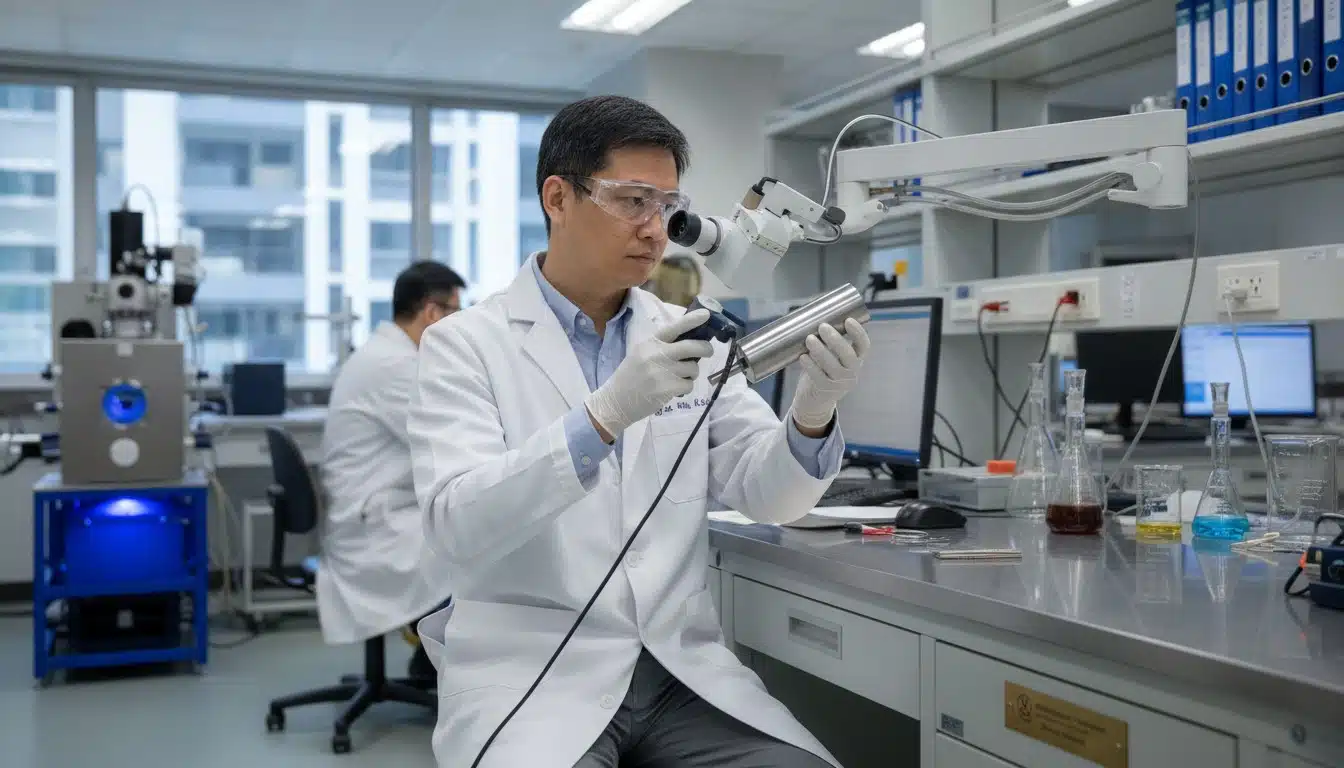 Professor Mingxin Huang examining steel samples in HKU laboratory