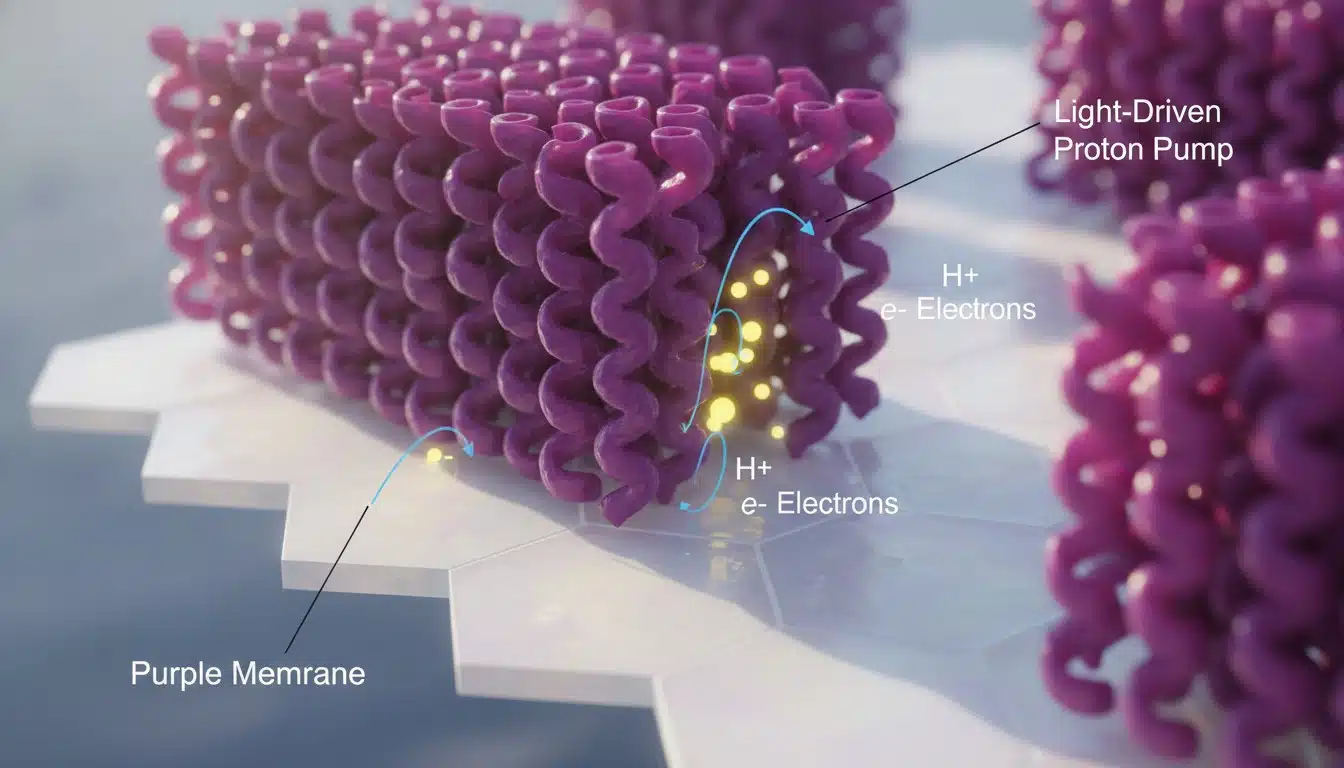 Close-up of halophilic archaea purple membrane proteins acting as biological solar panels on bismuth oxychloride nanosheet surface