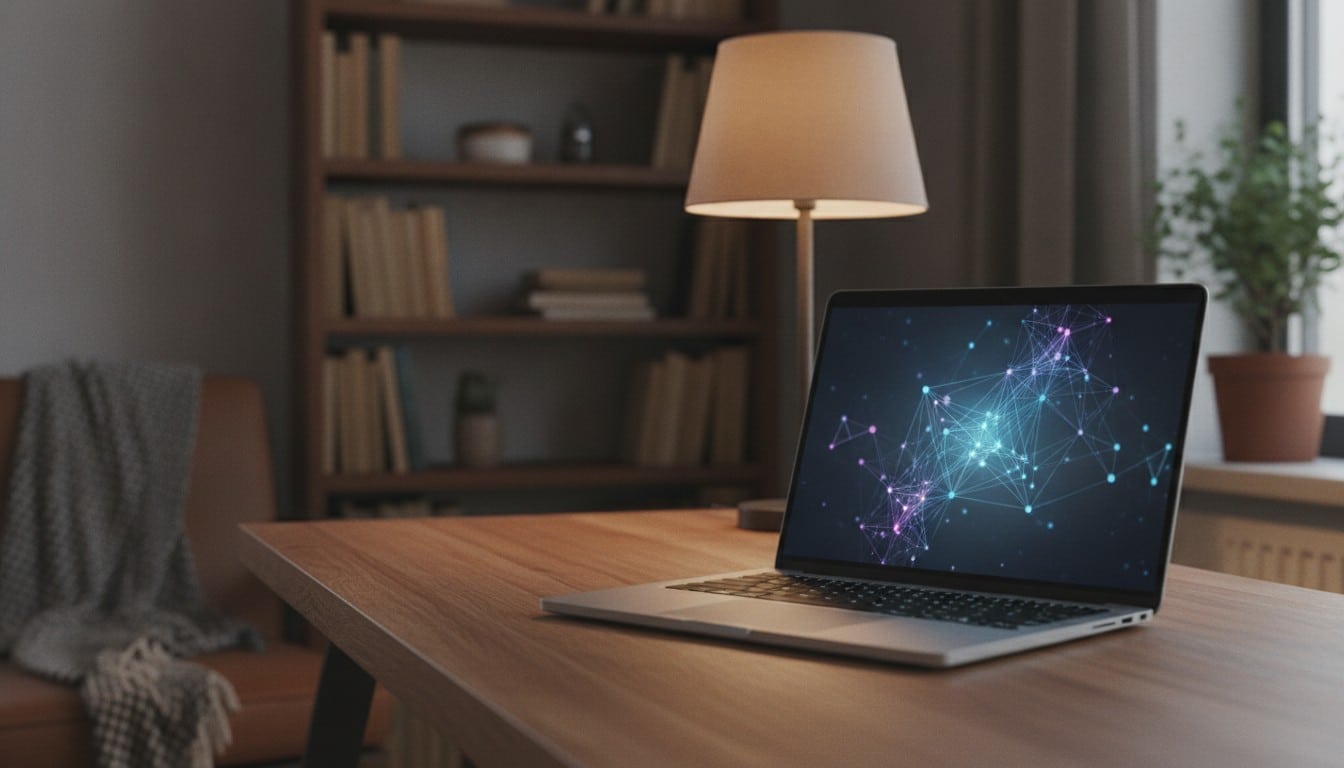 A laptop on a home desk running a local AI model with a glowing neural network visualization