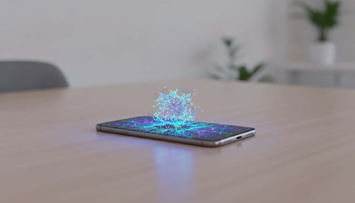 A smartphone on a desk running a compact AI model with a small neural network visualization