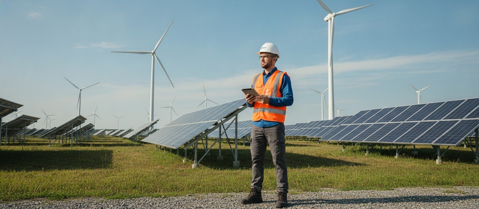 Renewable energy specialist inspecting wind turbines and solar panels
