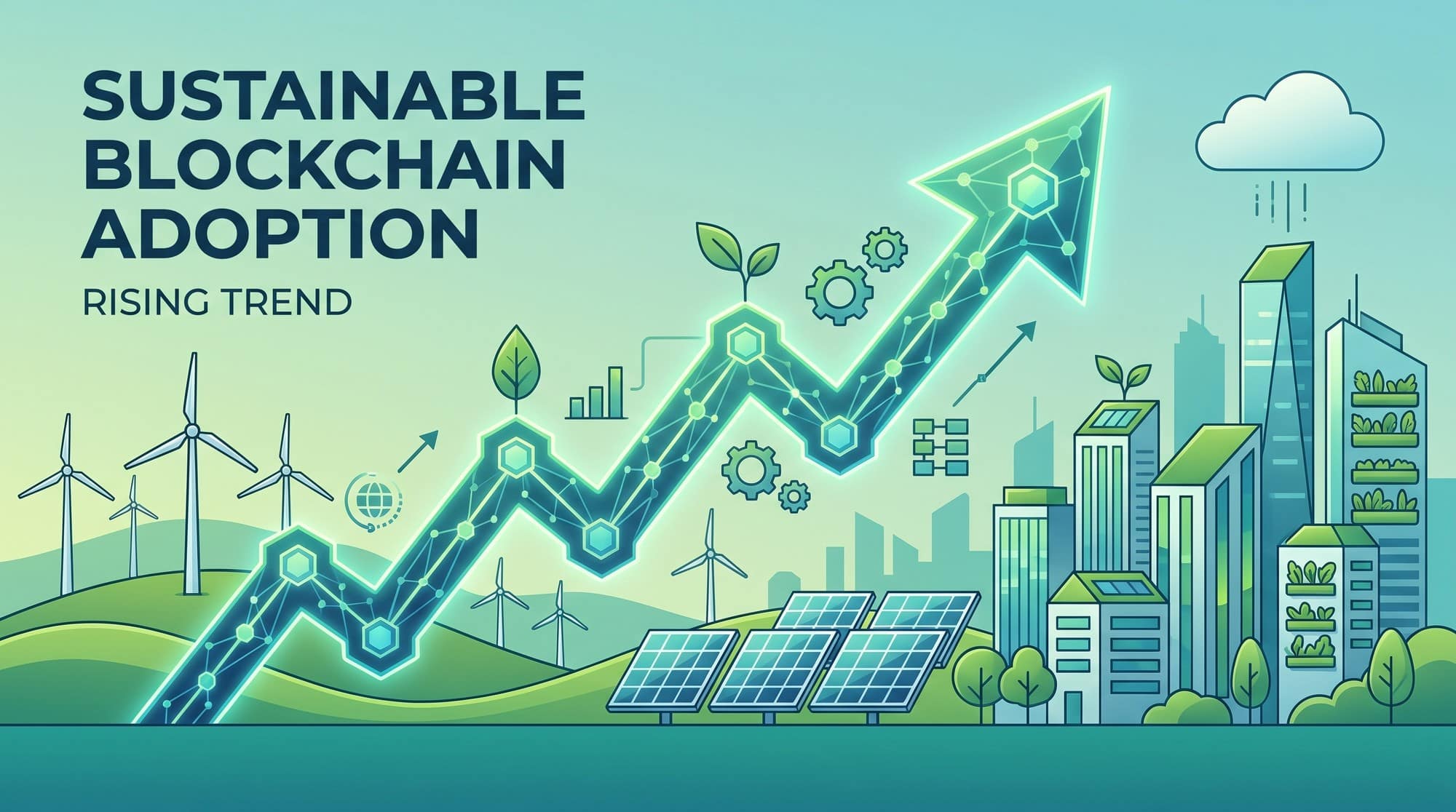 Upward trend of sustainable blockchain adoption overlaid on wind turbines and a green city.