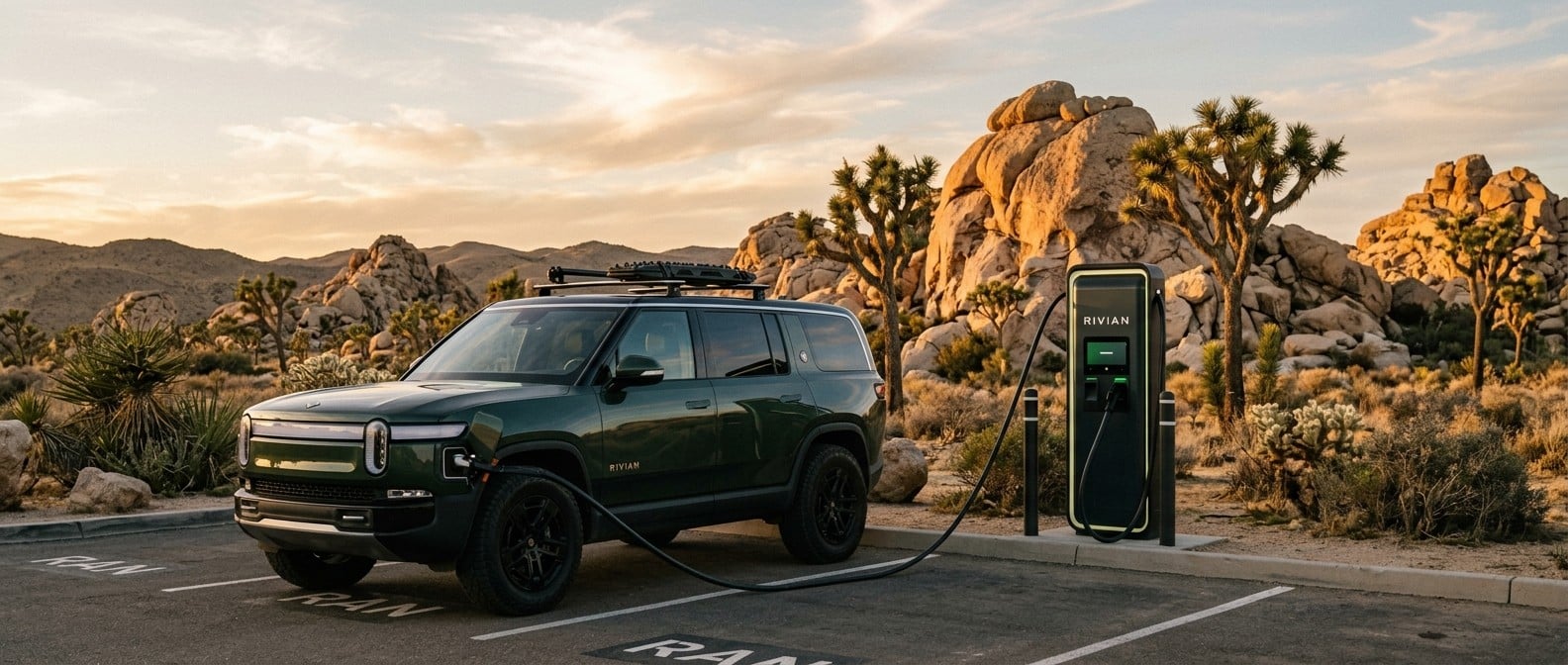 Rivian R1S charging at a Rivian Adventure Network fast charger near Joshua Tree National Park at golden hour
