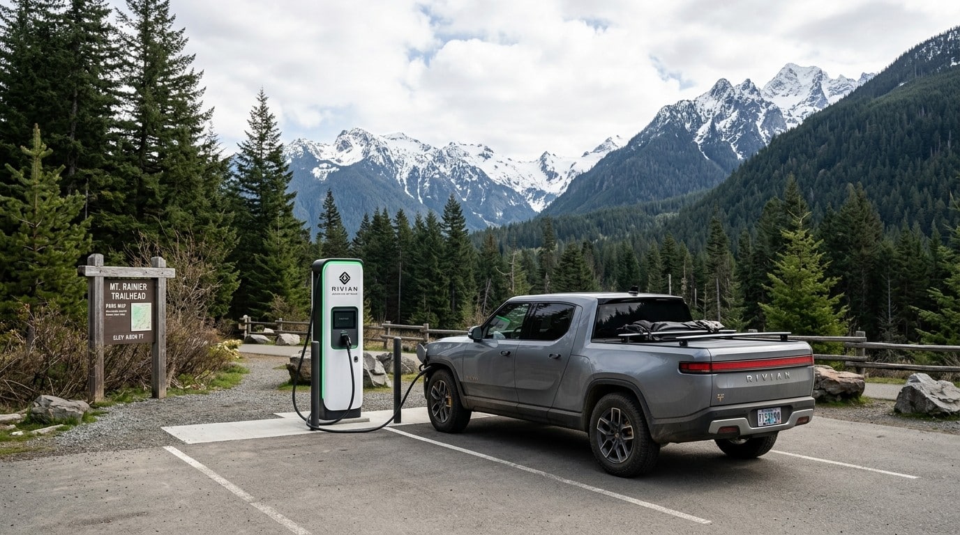 Rivian R1T electric pickup truck charging at a Rivian Adventure Network station in a Pacific Northwest mountain setting