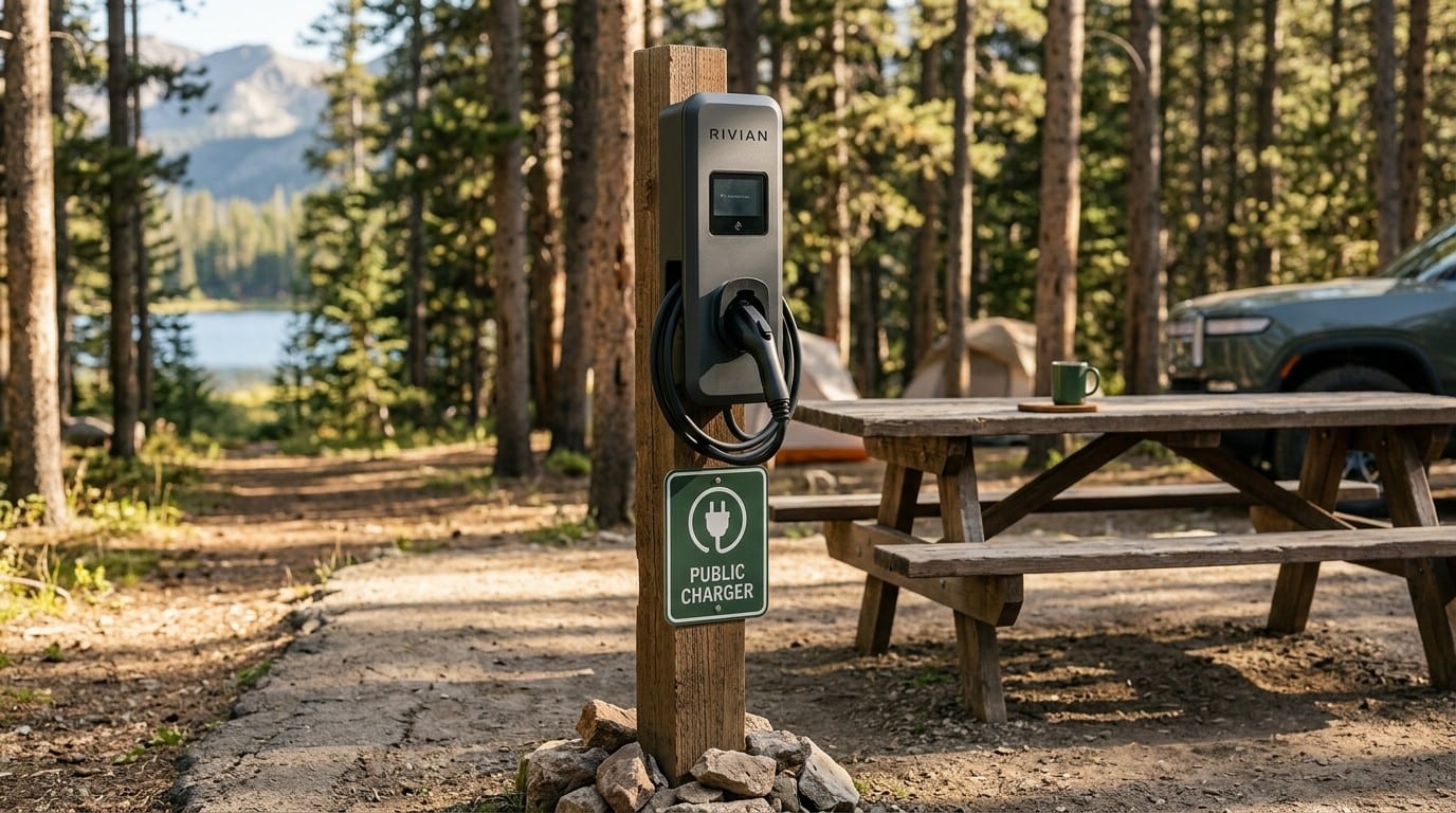 Rivian Waypoint Level 2 charger at a scenic campground near a lake and forest