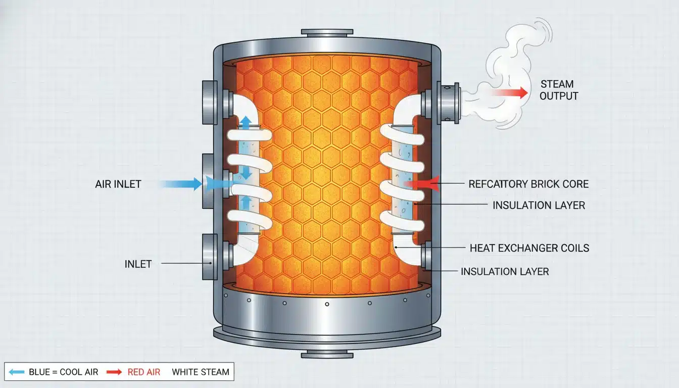Rondo Energy heat battery cross-section showing refractory bricks storing thermal energy for industrial steam production
