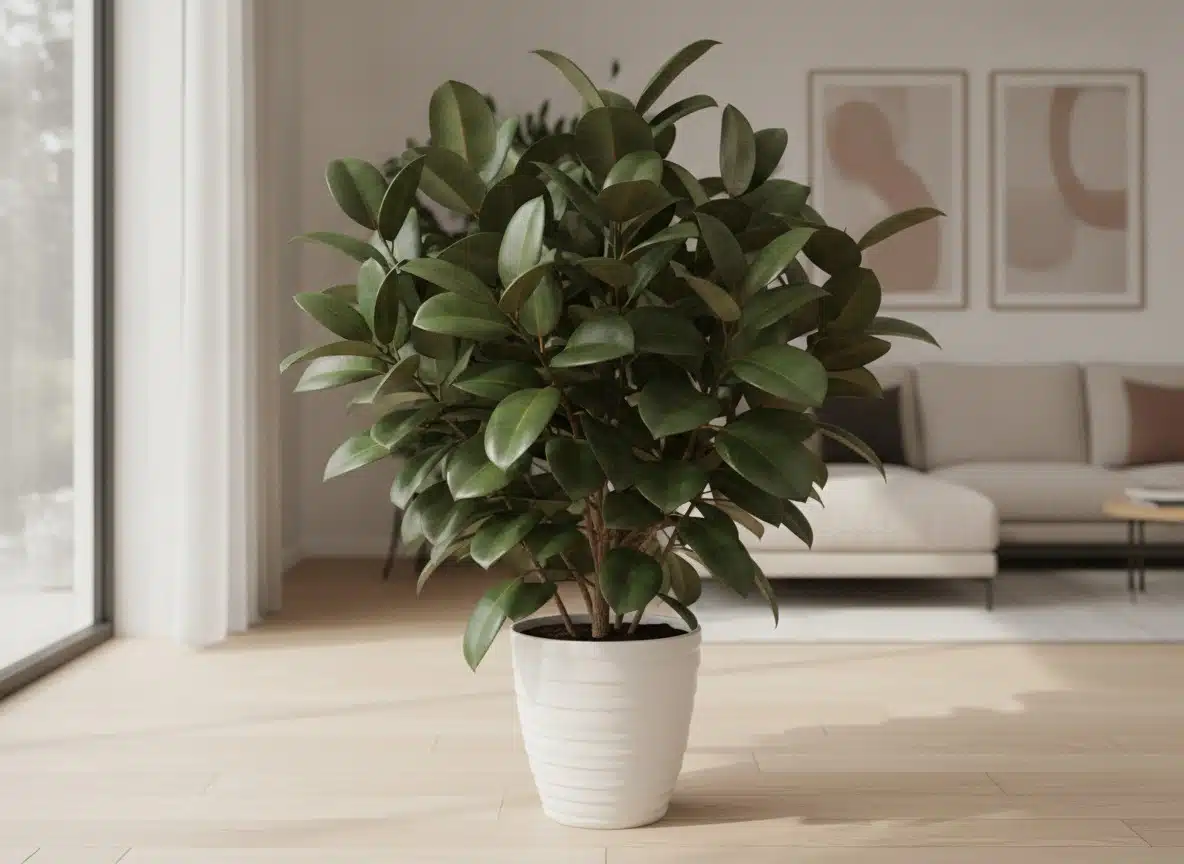 A rubber plant with large glossy dark green leaves in a pot
