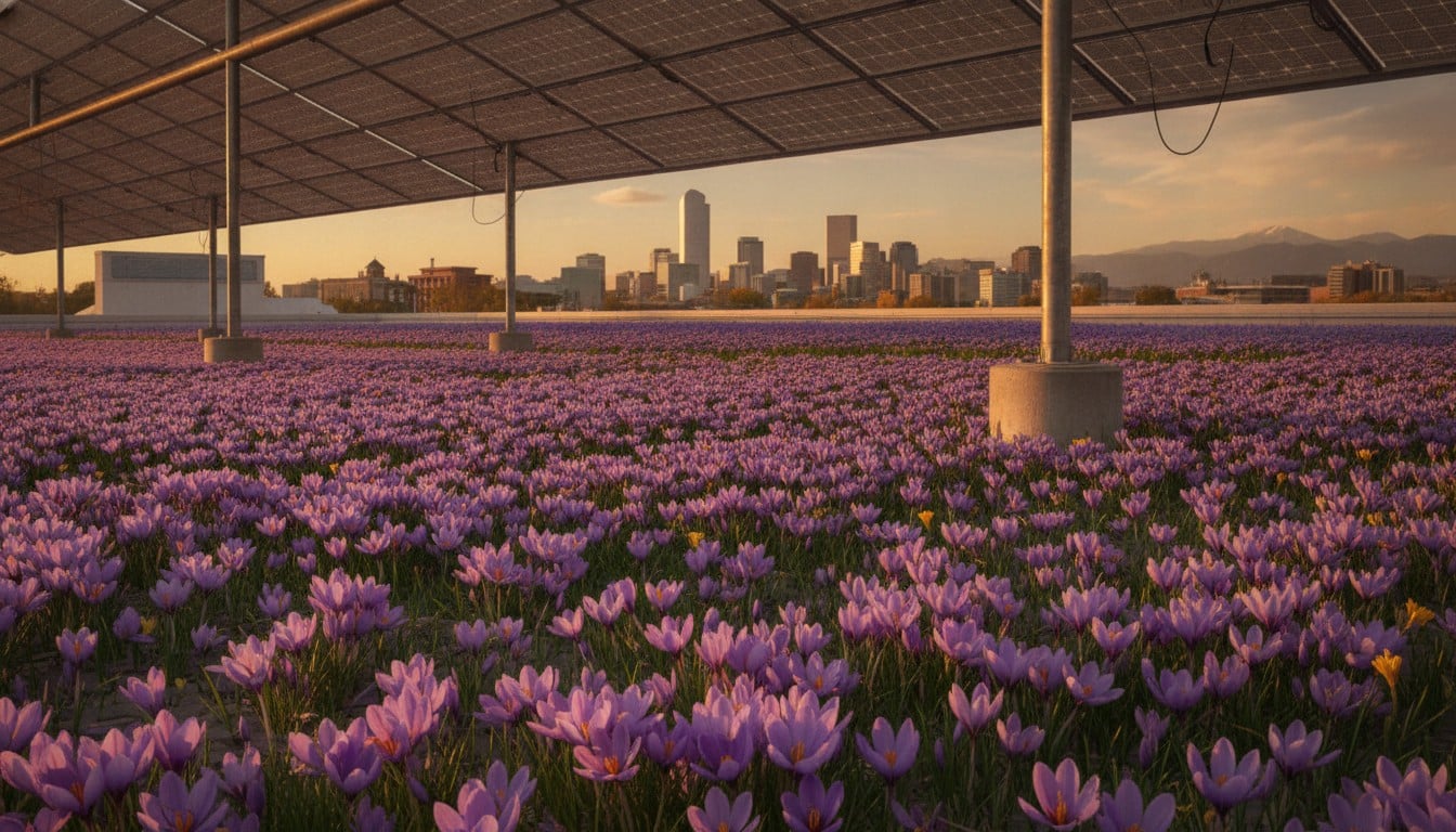 Saffron crocus flowers growing under semi-transparent solar panels on a Denver rooftop