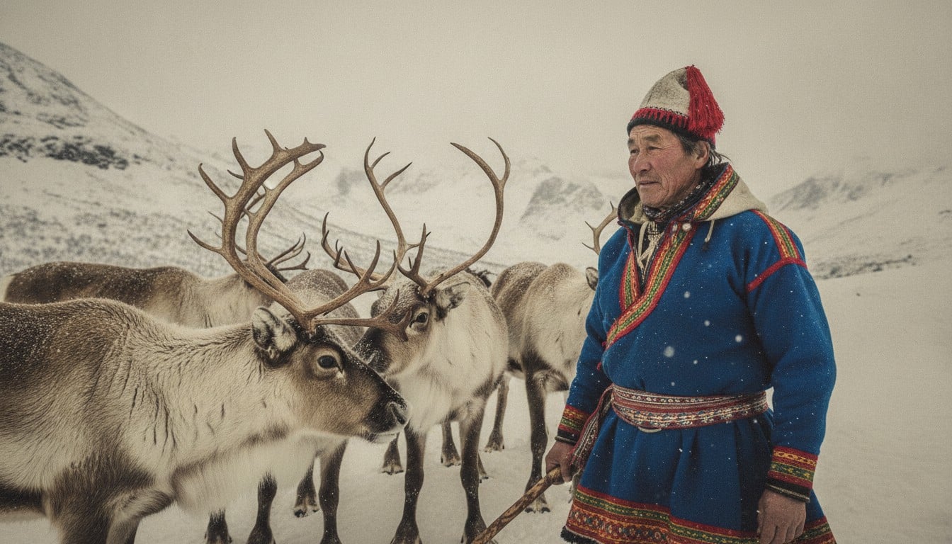 Sami reindeer herder in traditional clothing with reindeer in Norway's snowy mountains