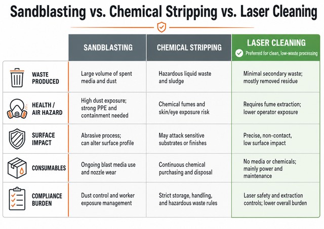 A comparison chart detailing Sandblasting, Chemical Stripping, and Laser Cleaning across categories like Waste Produced, Health/Air Hazard, Surface Impact, Consumables, and Compliance Burden. Laser Cleaning is highlighted as preferred for clean, low-waste processing.