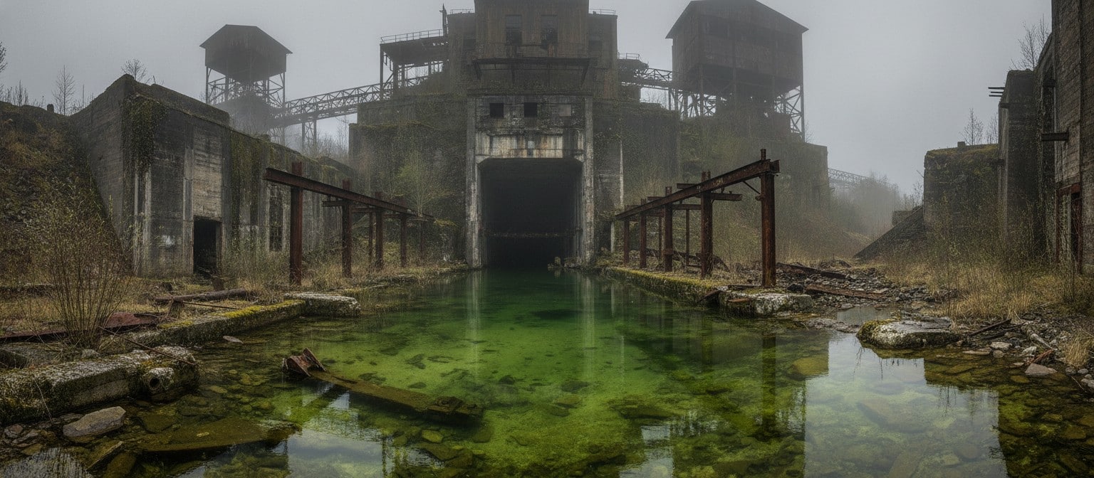 Flooded entrance of the abandoned Schlema-Alberoda uranium mine in Saxony, Germany, with Cold War-era industrial structures partially submerged in contaminated water