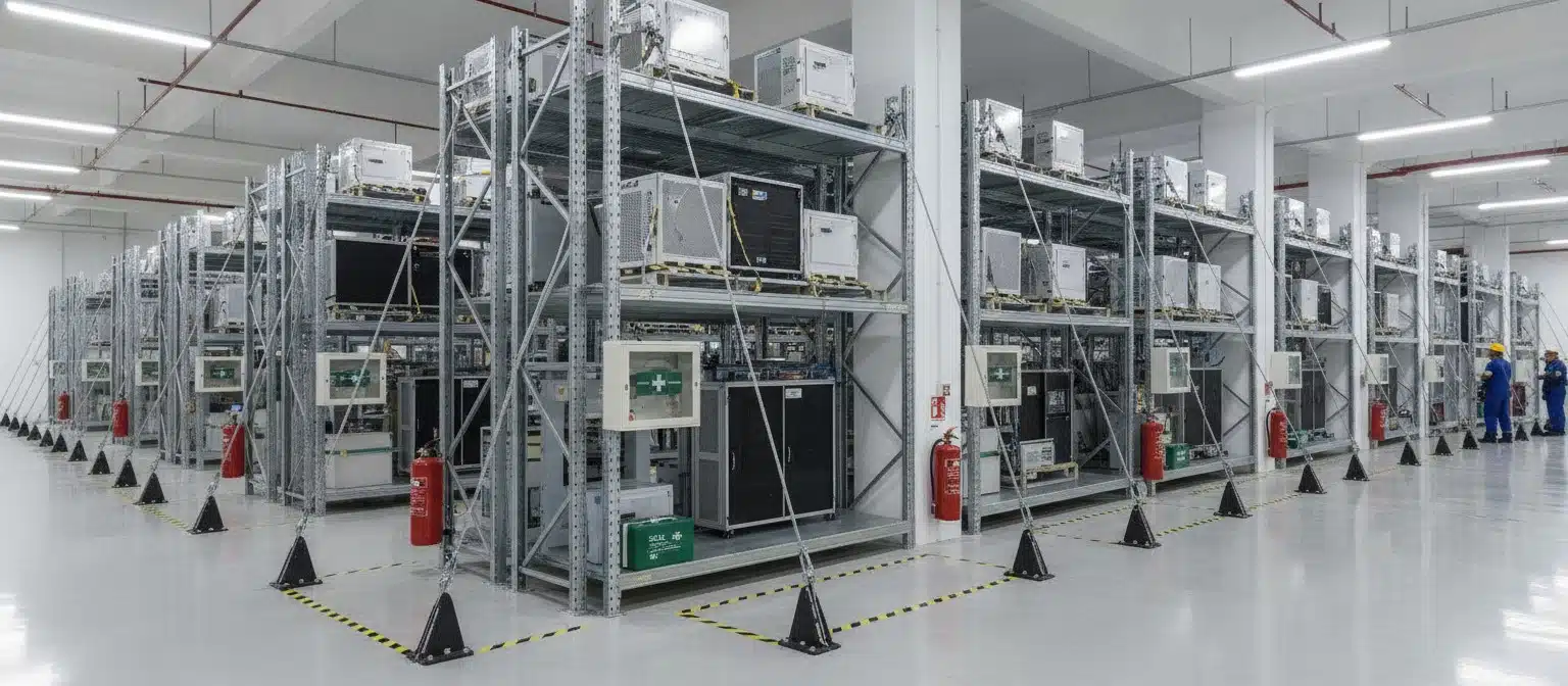 Secured shelving and anchored equipment for earthquake safety in commercial building interior