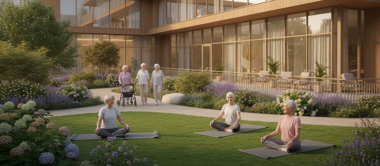 Active seniors enjoying wellness activities in a modern senior living community garden