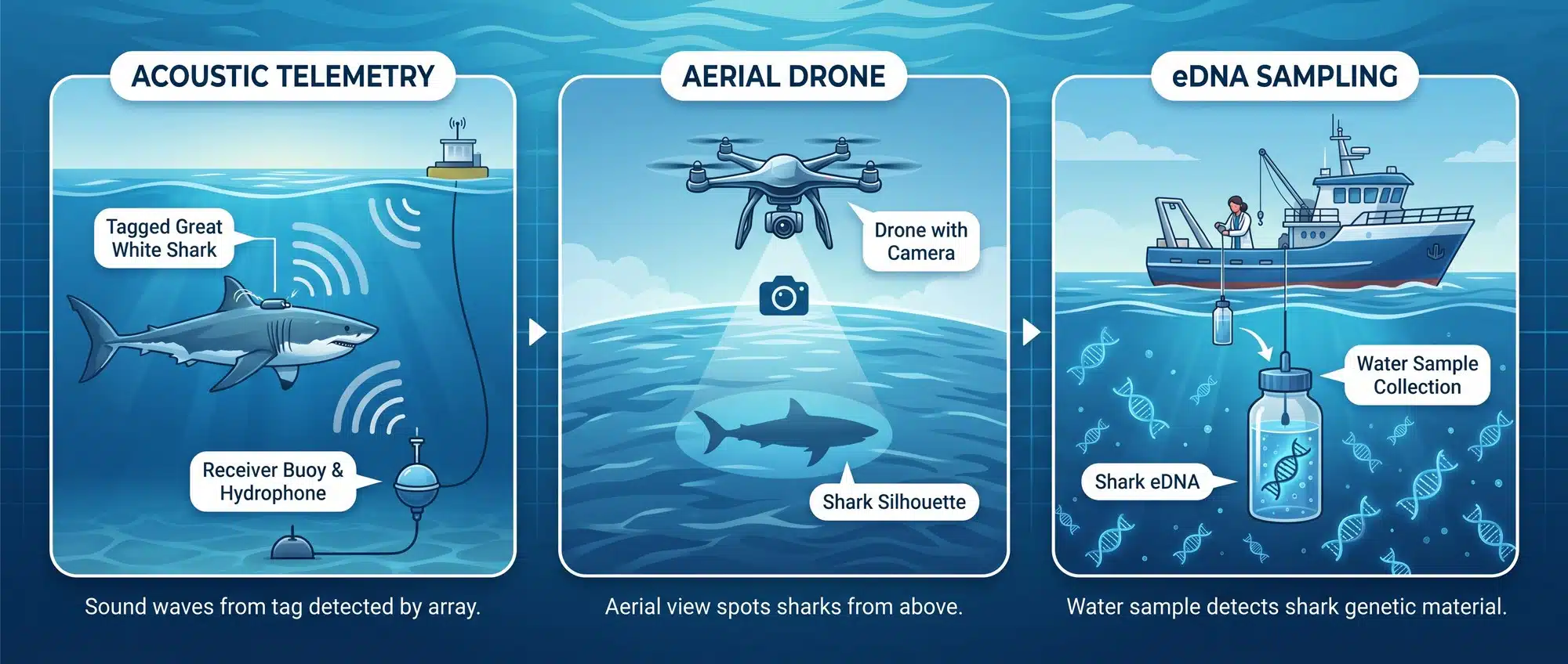 Diagram showing three shark detection methods: acoustic telemetry with tagged shark, aerial drone surveillance, and eDNA water sampling