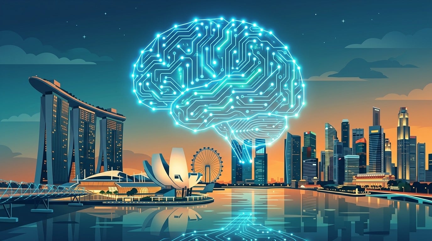 Singapore Marina Bay skyline with AI neural network overlay representing Singapore's AI development