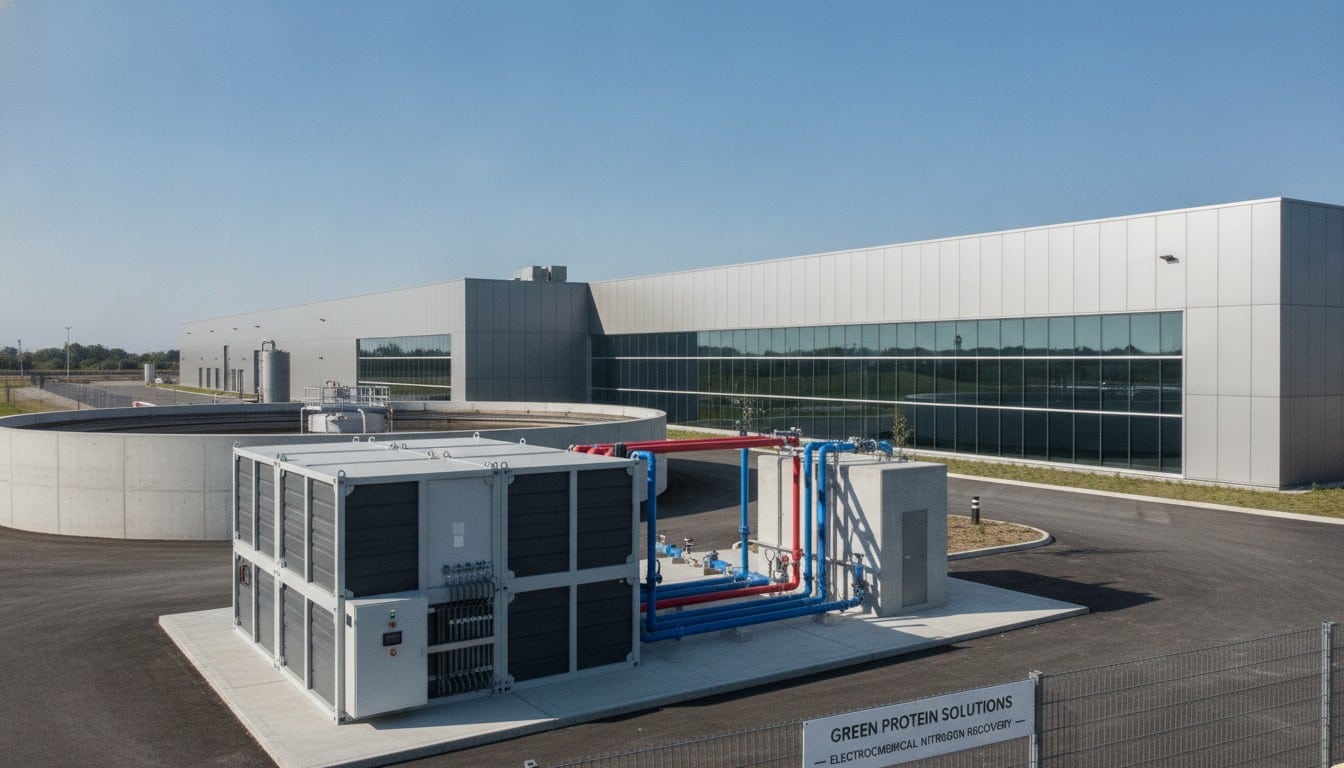 Meat processing plant with modular electrochemical nitrogen recovery system for extracting fertilizer from wastewater