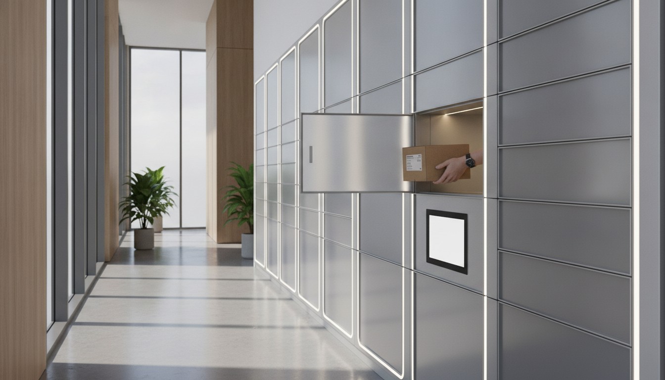 Smart parcel locker units in a modern building hallway used for secure package collection