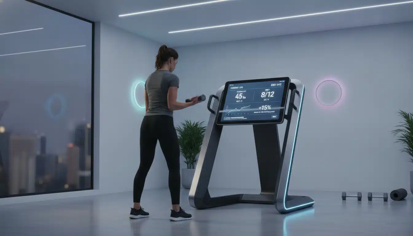 Person using smart fitness equipment with AI-powered digital display in modern home gym