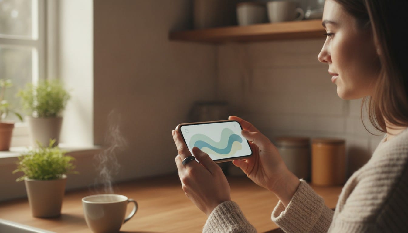 Woman wearing a smart ring checking biomarker dashboard on her smartphone