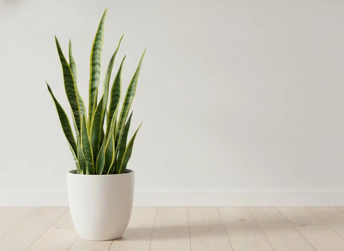 A snake plant with tall green and yellow-edged leaves in a white ceramic pot
