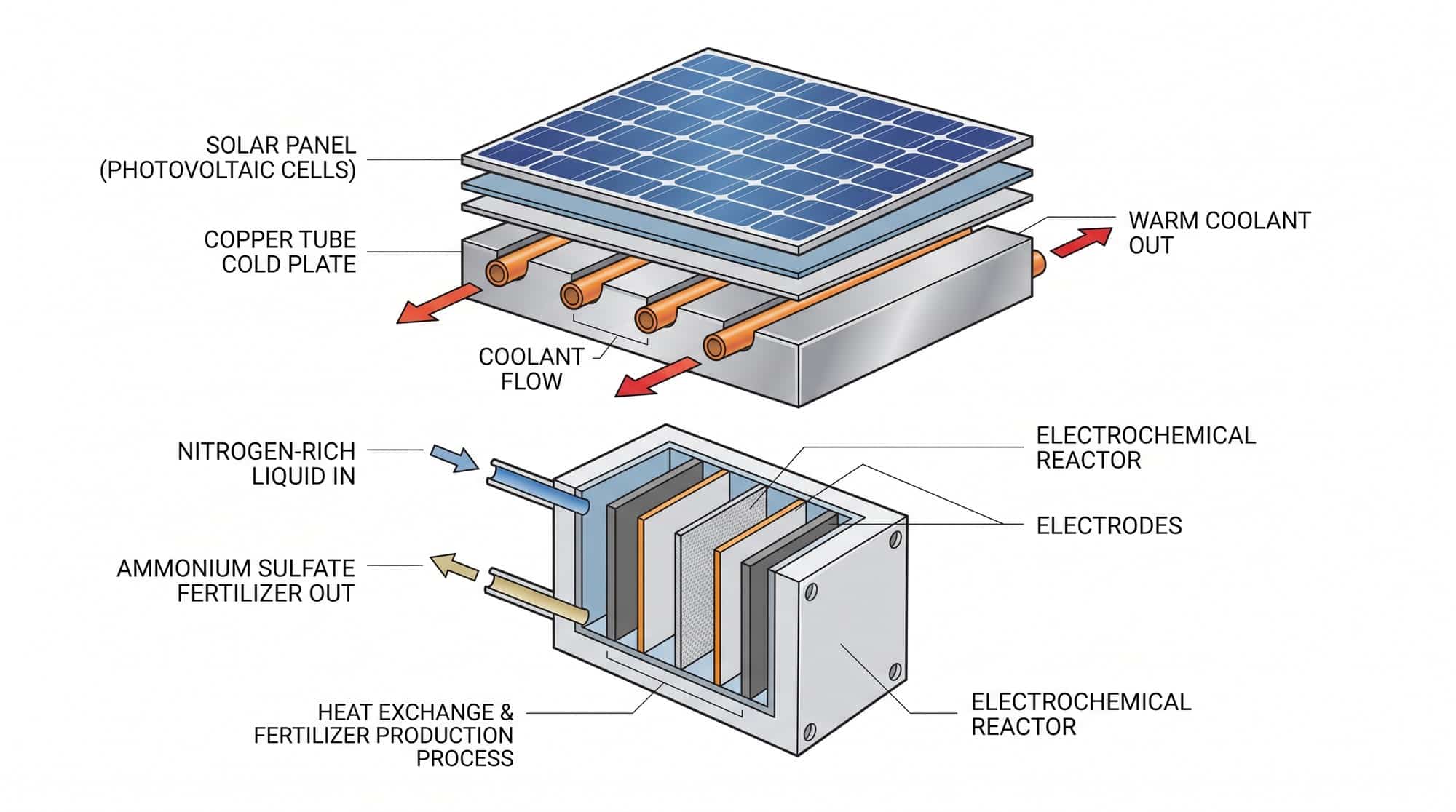 Technical illustration of a solar panel with copper cold plate system that captures waste heat and routes it to an electrochemical reactor for nitrogen recovery from urine