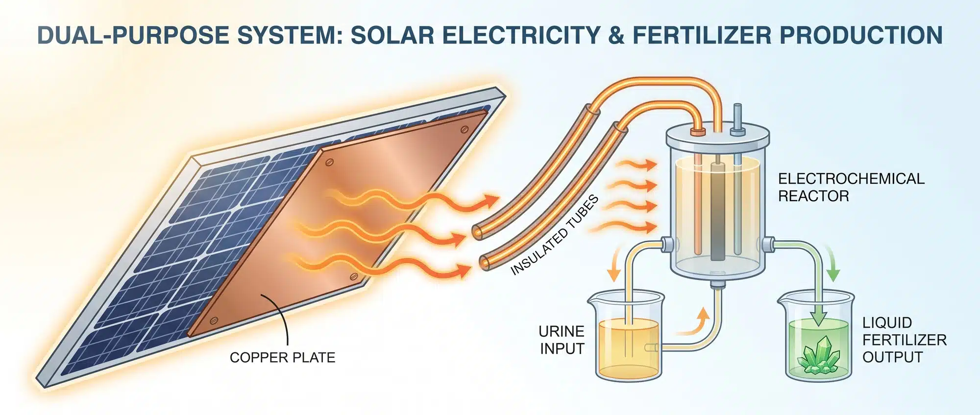 Solar Panel Waste Heat Turns Urine Into Fertilizer, Boosting Output by 59% Solar panel with copper cold plate system that captures waste heat to produce fertilizer from urine
