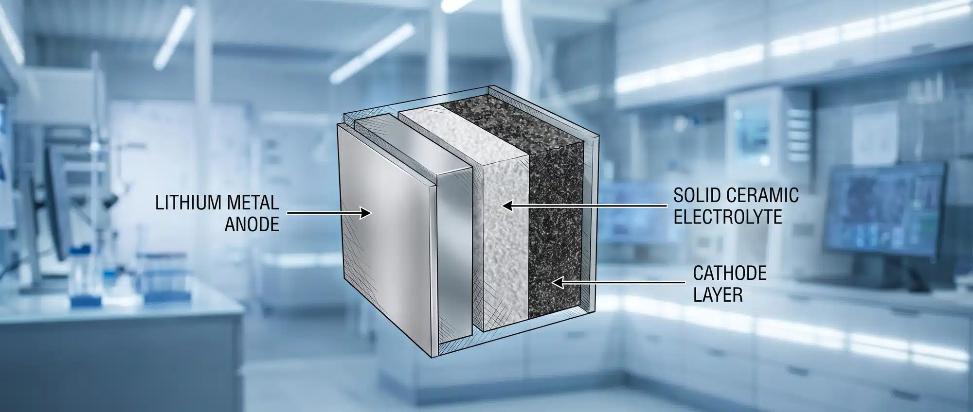 Cross-section of solid-state battery cell showing solid electrolyte, lithium metal anode, and cathode layers in a futuristic laboratory setting