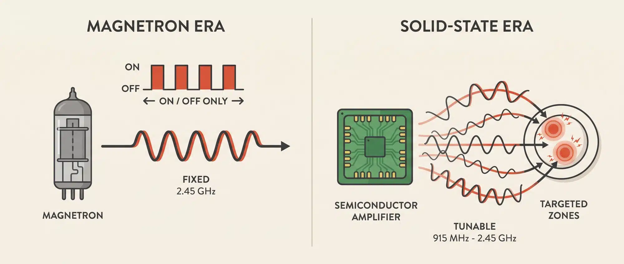 Comparison infographic contrasting fixed-frequency magnetron cooking with frequency-tunable solid-state RF cooking