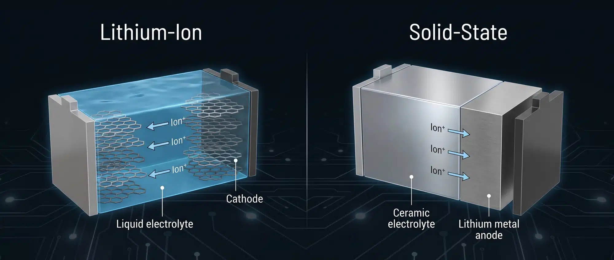 Cross-section comparison of lithium-ion and solid-state battery cell structures showing liquid versus solid electrolyte designs
