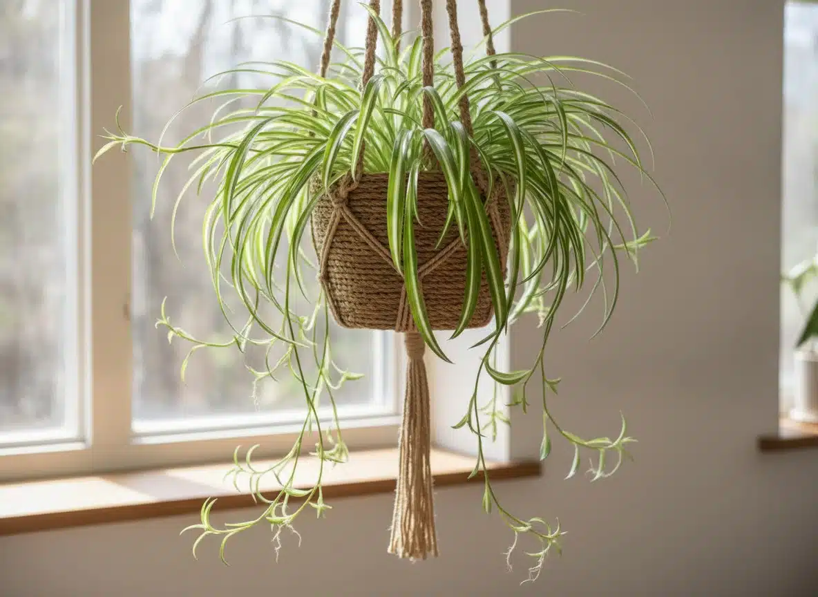 A spider plant with green and white striped leaves in a hanging pot