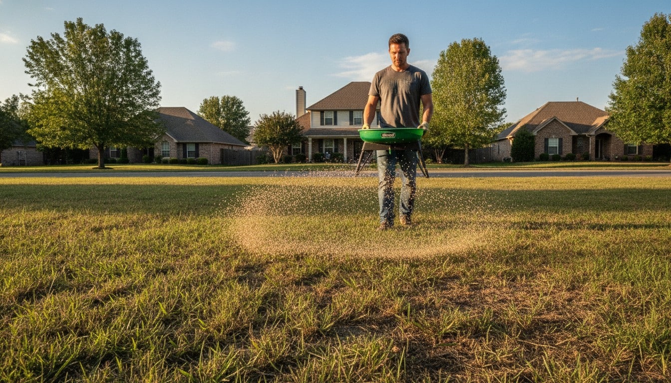 A homeowner using a handheld broadcast spreader to evenly distribute grass seed across a suburban lawn on a sunny day.
