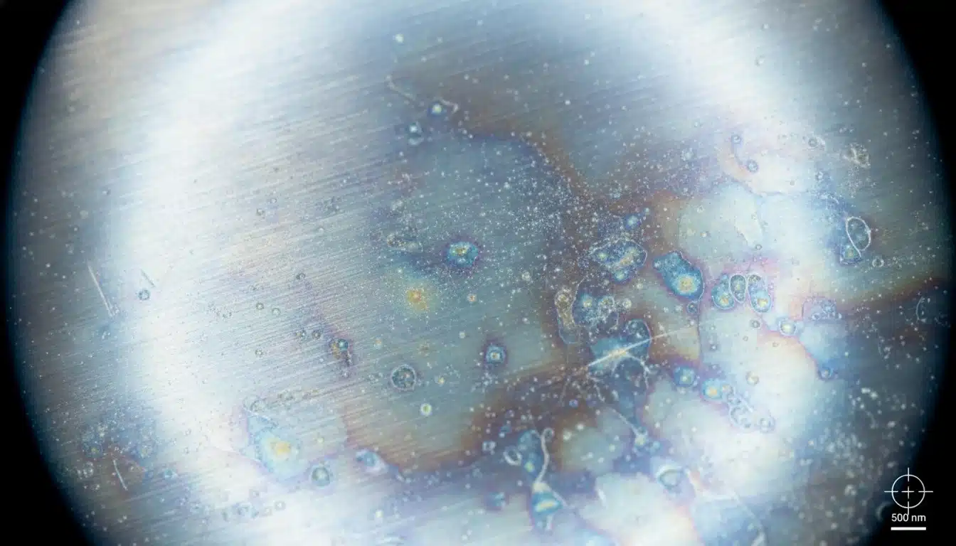 Close-up of stainless steel surface showing the protective chromium oxide layer
